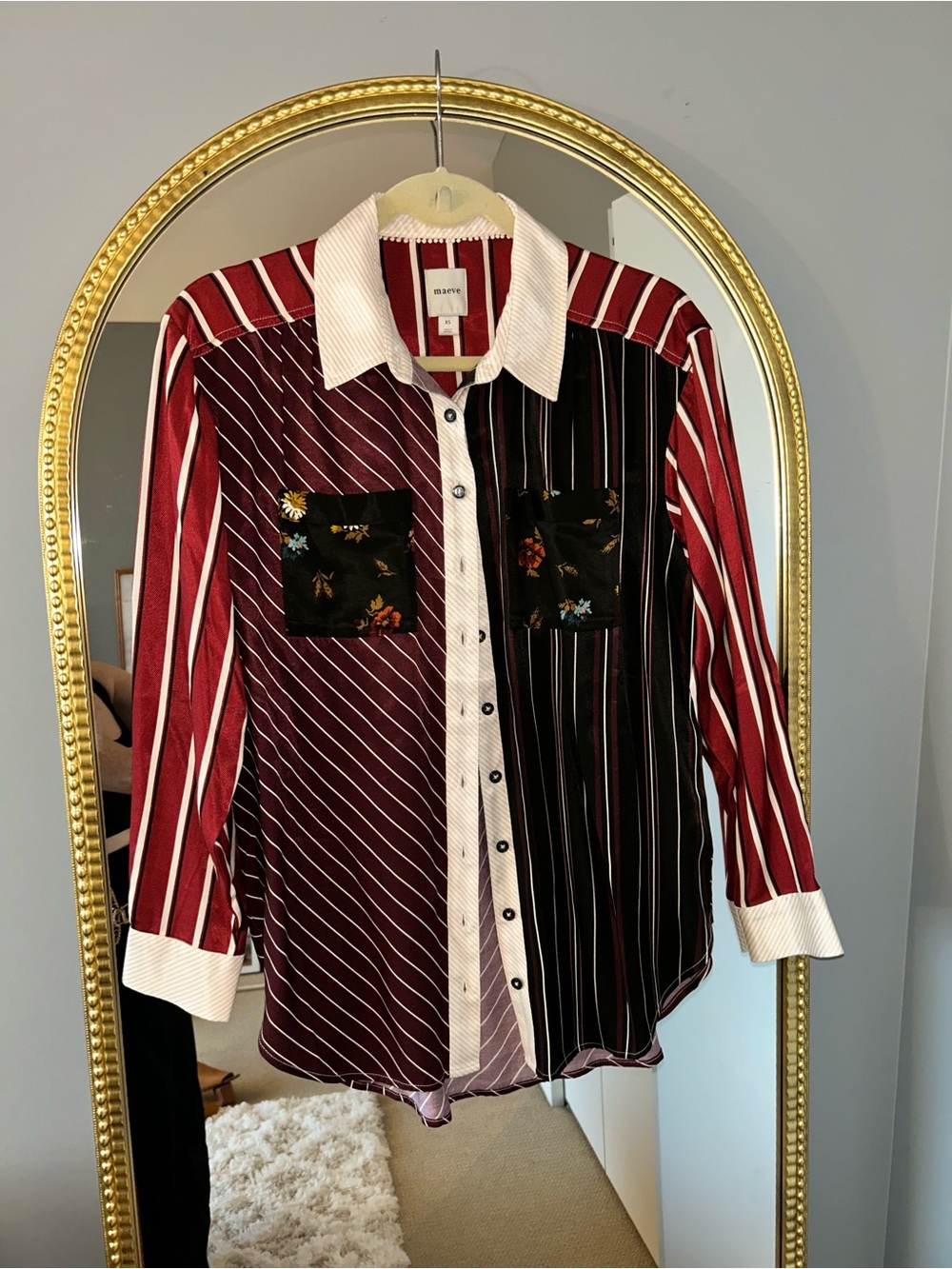 Maeve Red & Black Striped Button-Front Kids Shirt with Floral Pockets